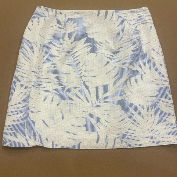Talbots Tropical White and Blue Leaf Print Skirt 100% Cotton Seersucker Size 12 - Picture 4 of 9